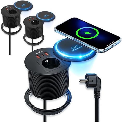 2er Prise Encastrable Plan de Travail avec Chargeur Sans Fil 15W, 4in1 Multiprise Plan de Travail avec USB‑C PD 20W+USB‑A QC Bloc Prise Escamotable pour Meubles, Cuisine, 90mm Diamètre Bureau 2M Câble (1/5)