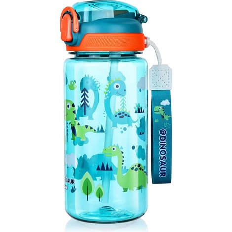 600ML Children's Water Bottle with Straw, Kids Bottle with Handle, Secure Lock, Leak-Proof, Reusable, BPA-Free Tritan for School and Sports (Green-Dinosaurs) (1/5)
