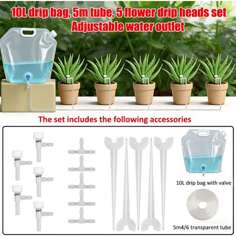 (Tuyau d'arrosage de 5 mètres, 5 régulateurs) Système d'irrigation goutte à goutte avec sac d'arrosage automatique et dispositif d'arrosage à débit lent (1/5)