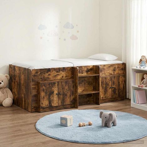 vidaXL Cadre de lit en loft avec armoire avec porte 3 pcs Chêne fumé (1/5)