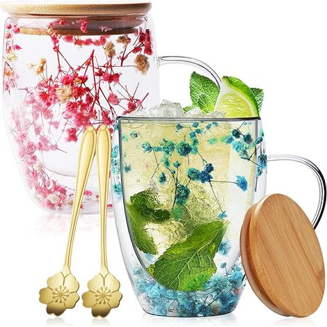 Lot de 2 Tasses en Verre à Double Paroi avec Fleurs Séchées - Mugs Transparents avec Couvercle en Bambou et Cuillère, 350 ml (1/5)