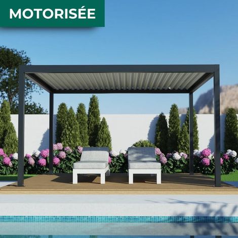 Pergola Bioclimatique Aluminium Autoportante Motorisée Éclairée 4x3 Anthracite SV ORIAL France (1/5)