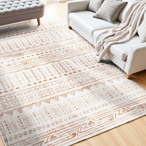 Tapis Salon, 1,5 x 2,4 m, Grand Tapis Chambre Lavable Antidérapant, Poils Courts et Denses, Résistant aux Griffures Animaux, Doux Confortable, Style Moderne, pour Chambre, Bureau, Entrée, Beige (1/5)