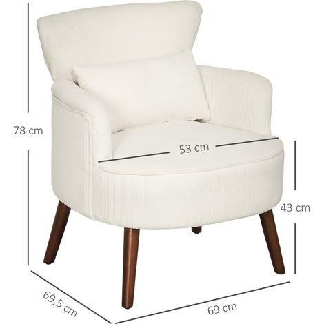 Fauteuil cosy à dossier haut, accoudoirs courbés, housse en velours côtelé, piètement bois massif, idéal chambre/salon, charge max 120kg, teinte ivoire. (1/5)