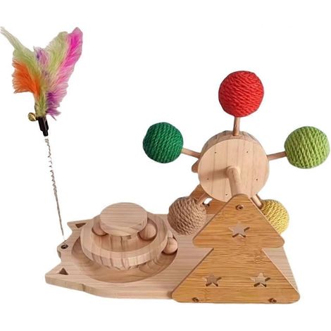 Ensemble de jouets interactifs multifonctionnels 3 en 1 : balle en sisal en forme de grande roue interactive, baguette à chat et chat en bois massif (1/5)
