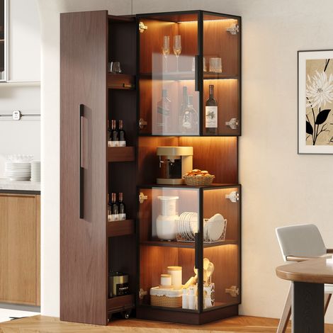 Vitrine LED 70x38x160 cm, meuble vitrine noyer en MDF avec verre trempé double face, étagères coulissantes et LED multicolore (1/5)