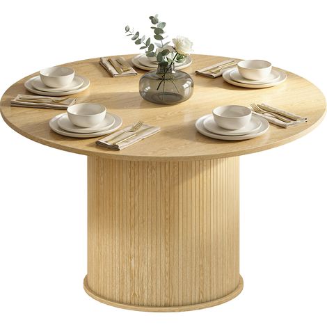 Table à manger ronde pour 5 personnes, bois naturel, table de cuisine avec base cylindrique cannelée, Ø 120 x 76 cm (1/5)