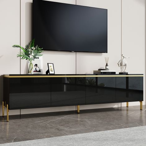 Modernluxe - Meuble TV moderne laqué brillant - 170x38x50 cm - 4 portes - Finitions dorées - Pieds en métal - Noir (1/5)