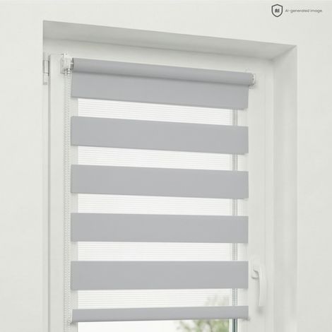 Estika - Store enrouleur jour nuit sans perçage - 115 x 220 cm - Gris clair - Protection solaire pour fenêtres intérieures - Double tissu semi-transparent - Fixation Klemmfix