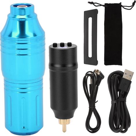 Bloc d'alimentation pour stylo de tatouage 1300mAh, kit complet sans fil à tension réglable, faible bruit avec écran LCD, câble RCA et clip bleu, stylo noir (1/5)