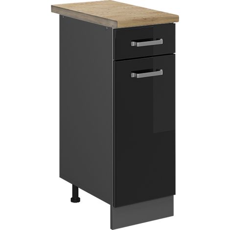 Mueble bajo de cocina R-Line, Negro brillo intenso, 30 cm , ET Roble, Vicco (1/5)