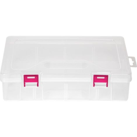 Boîte de rangement transparente D306 en plastique, organiseur de bijoux, conteneur pour outils et quincaillerie, fermoir rose (1/5)