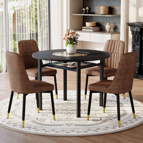 Table de salle à manger ronde noire effet bois 100 cm avec 4 fauteuils marron en tissu technique, pieds métalliques noirs, ensemble moderne minimaliste pour salon.