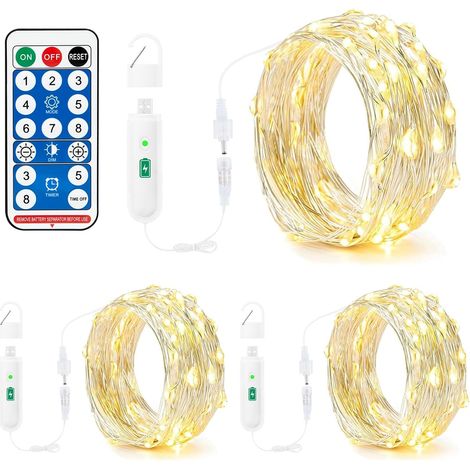 Guirlande lumineuse rechargeable par batterie, 10 m, 100 LED avec télécommande, 8 modes, minuteur, interface de charge USB, guirlande lumineuse pour intérieur et extérieur, décoration de Noël (1/5)