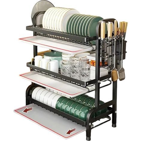 Égouttoir à vaisselle à 3 niveaux, égouttoir à couverts, égouttoir de grande capacité, antirouille, avec porte-ustensiles, organisateur de cuisine (1/5)