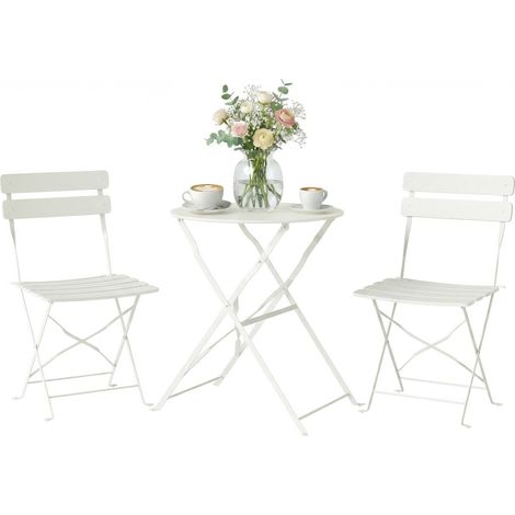 3-teiliges Gartenbistro-Set: Tisch und 2 klappbare Lattenstühle, doppelter Rostschutz, Creme