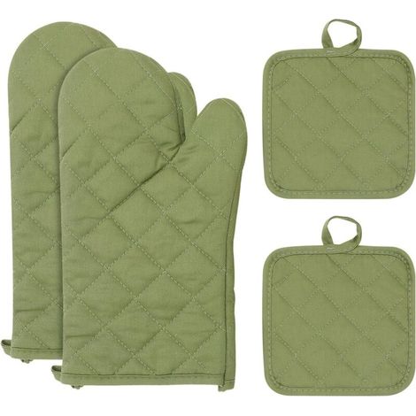 Oven Mitts and Pot Holders, Cotton Heat Resistant Oven Gloves, Non-Slip Oven Gloves, Oven Mitts, Cooking Gloves for BBQ, Oven, Microwave Oven (Khaki Green) (1/5)