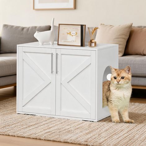 Meuble cache-litière pour chat spacieux – Maison d’intérieur ventilée en bois avec portes style grange, table d’appoint pratique, design élégant pour bac à litière – Convient à la plupart des bacs, 65 (1/5)
