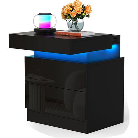 Comodino Haloyo® con 2 cassetti e LED a 16 colori, comodino, tavolino per telefono, prese CA, per soggiorno, camera da letto, ufficio, 40x35x52 cm, nero (1/5)