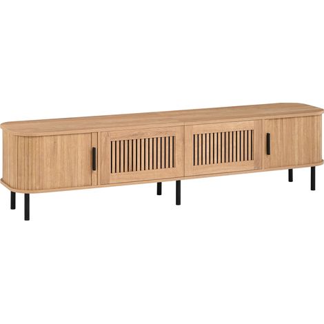 Meuble TV 180 cm en MDF et panneaux de particules finition chêne naturel, 2 tiroirs et 2 portes coulissantes, éclairage LED par application (1/5)