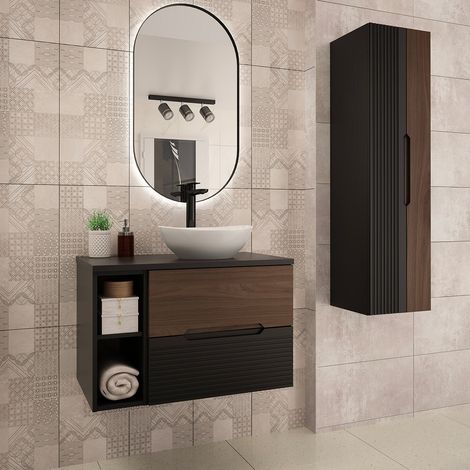 Ensemble meuble simple vasque 80cm niche et colonne Sylla Noir et bois (1/5)
