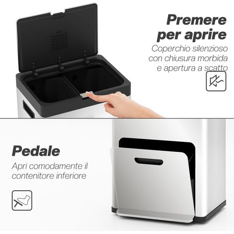 Poubelle triple compartiments 56L argentée, support désodorisant inclus, acier et PP, 45,7x35,8x76 cm (1/5)