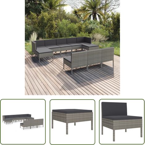 The Living Store 10-tlg. Garten-Lounge-Set mit Auflagen Poly Rattan Grau - Gartenloungesessel - Outdoor-Sofa - Gartenmöbeln - Loungeset - Rattan Gartenmöbel (1/5)