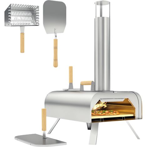 Tragbarer Holz- oder Pellet-Pizzaofen für den Außenbereich mit Pizzastein, klappbaren Beinen und silbernem Edelstahlkamin