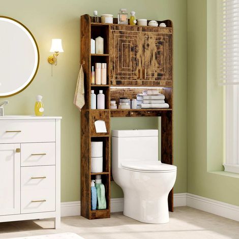 Meuble WC marron avec 2 portes, 6 niches, porte-papier, LED 3 couleurs et barre réglable pour salle de bains et toilettes (1/5)