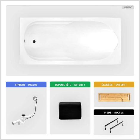 Baignoire rectangulaire - 160 x 70 cm - sans Habillage - avec Pieds - Repose-tête - Étagère bambou - Vidage Chrome - BONA (1/5)