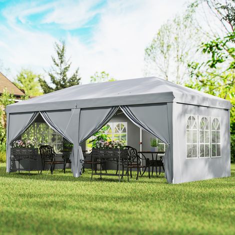 Tonnelle Barnum Pop-Up 6x3x2,7m - 4 Parois Latérales Amovibles, 4 Fenêtres, Sac de Transport Inclus, Gris Clair (1/5)