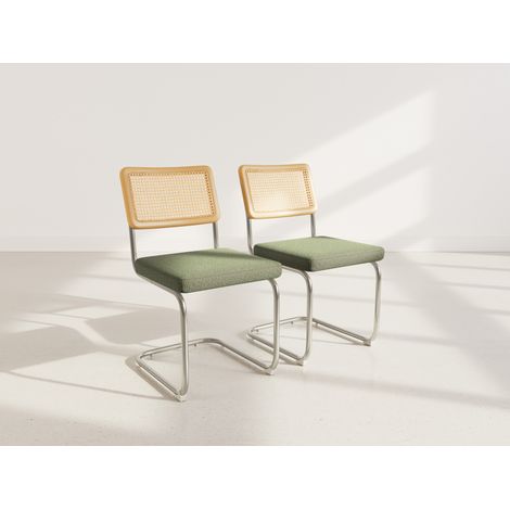 Damiano - lot de 2 chaises en tissu bouclette - dossier en cannage - pieds en métal effet chromé - vert kaki