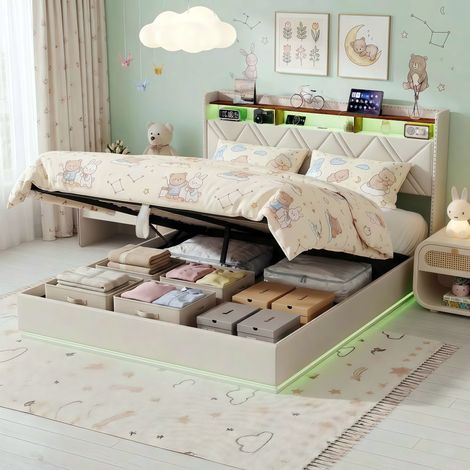 Cama Canapé Doble 160x200 cm, Cama Tapizada con Somier Elevable de Láminas, Cabecero con Almacenaje, LED y USB/USB-C, Lino - Beige