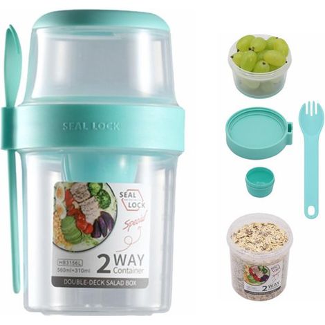 Tazza per yogurt, tazza per insalata, tazza per porridge notturno, tazza per cereali, pratica tazza per la colazione, a doppia parete, con cucchiaio, scomparti per alimenti secchi e liquidi (1/5)