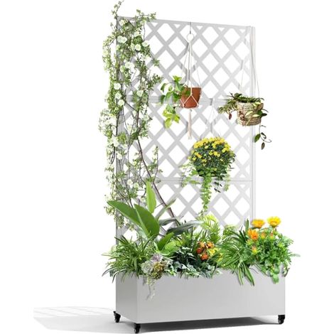 Macetero de jardín, diseño móvil, pantalla de privacidad integrada, blanco. (1/2)