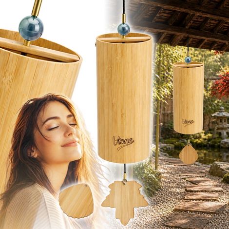 Carillon a vento V-TONE ZEN LAKE, decorazione sonora in tonalità di Fa, legno di bambù, perline blu, 2 pendenti, foglia, conchiglia, 40,5 cm (1/5)