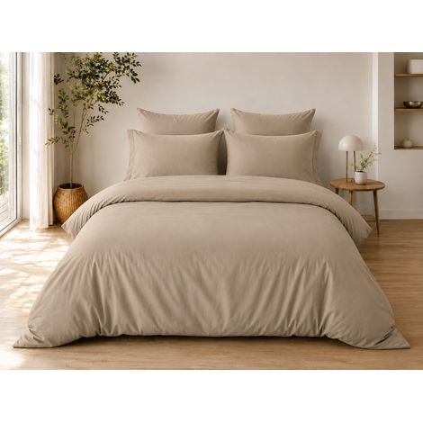 Parure de Lit Complète 240 x 220 cm Sable - 100% Coton 57 Fils - Drap-Housse 140x190 + 4 Taies (1/5)
