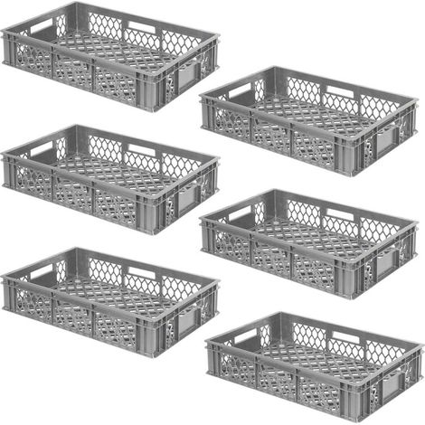 BRB 6 paniers de transport, L 600 x l 400 x H 130 mm, parois et fond ajourés, poids 1,40 kg, gris