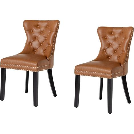 Set di 2 sedie Chesterfield REGINA caramello in pelle artificiale capitonnata - Anello argentato, chiodi decorativi e gambe nere (1/5)