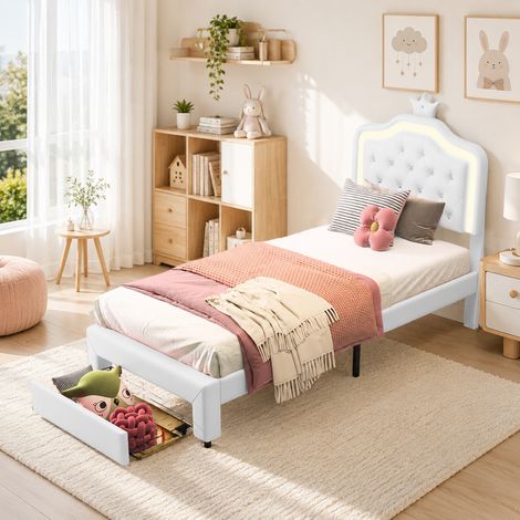 Lit enfant 90 x 200 avec sommier à lattes - PU Blanc - Lit simple avec 1 tiroir - Lit princesse couronne avec éclairage LED - Tête de lit réglable en hauteur (1/5)