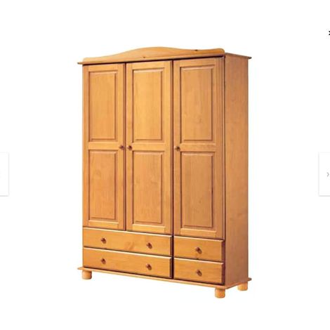 Armario ropero 3 puertas 4 cajones madera de pino maciza acabado miel, 197cm(alto) 130cm(ancho) 52cm(largo) (1/4)