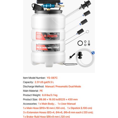 VEVOR Fluid Extractor, 9.5 L Capacity, Pneumatic/Manual Vacuum Fluid Extractor with 150 cm Long Horse & Three 120 cm Extension Tubes, Oil Change Pump with PE Tank for Cars, Lawn Mowers, Boats (1/4)