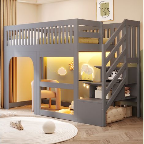 Lit enfant surélevé 90x200 avec escalier de rangement, LED, garde-corps, gris HAVRYA (1/5)