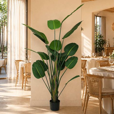 Strelitzia artificielle avec vase à larges feuilles, réaliste et décorative, 180 cm de haut.