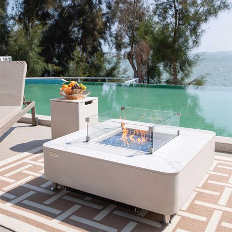 Brasero extérieur au gaz ANNECY – Table en béton GFRC – Plateau en porcelaine marbre blanc – 107 x 107 x 35,6 cm – 60 000 BTUs – Elementi (1/5)