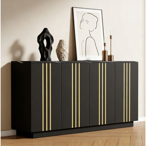 Aparador de almacenaje 4 puertas, 35x140x70 cm, con estantes ajustables, en tableros de partículas, negro y dorado (1/5)