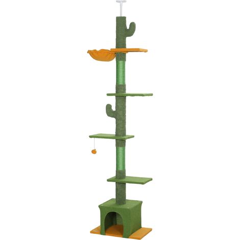 Kratzbaum Deckenhoch, Katzenbaum, 230-275 cm Katzenkratzbaum mit Katzenhöhle, Kratzstämmen, Spielball, Katzenmöbel mit Kippschutz, Grün