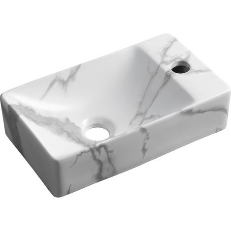 Lavabo en céramique MARGITHA 38x22cm, trou robinetterie à droite, carrara (1/4)