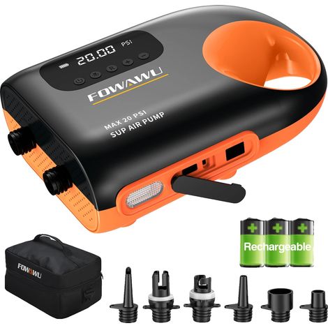 Pompe à Paddle Board, Batterie 3 x 7800 mAh, Pression Maximale de 20 PSI, Temps de Gonflage de 7 Minutes, Rechargeable et Compatible avec l'Alimentation de Voiture, Convient pour les Paddle Boards et (1/5)