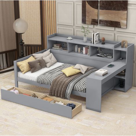 Cama dormitorio con escritorio y cajones gris OKMYHOME (1/5)